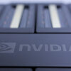 Imagem de uma placa gráfica da Nvidia em exibição em um evento em Taipé.