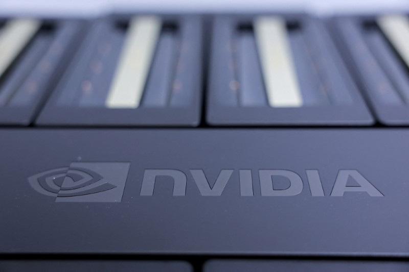 Imagem de uma placa gráfica da Nvidia em exibição em um evento em Taipé.
